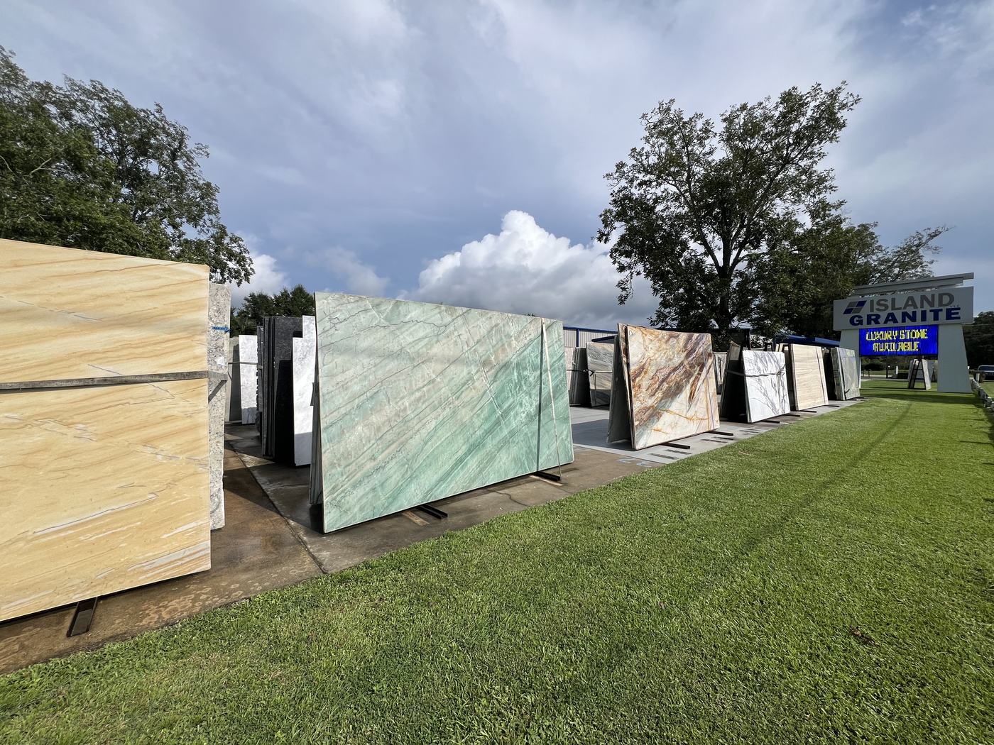 Slabs standing in the Island Granite yard in Foley